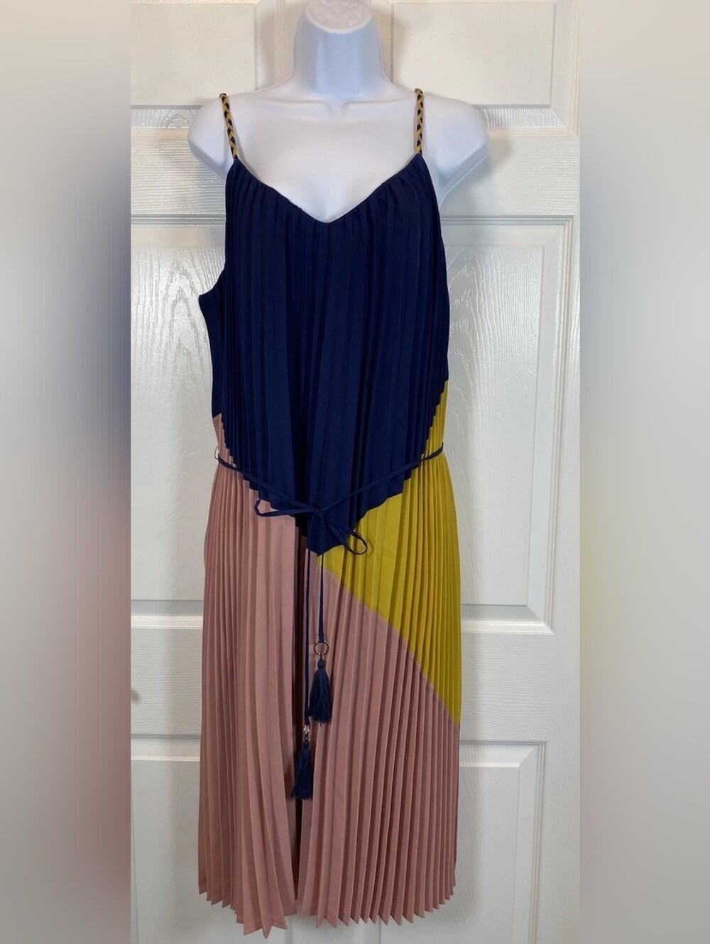 Pleated Colorblock Spaghetti Strap Midi Dress - Navy, Pink & Yellow